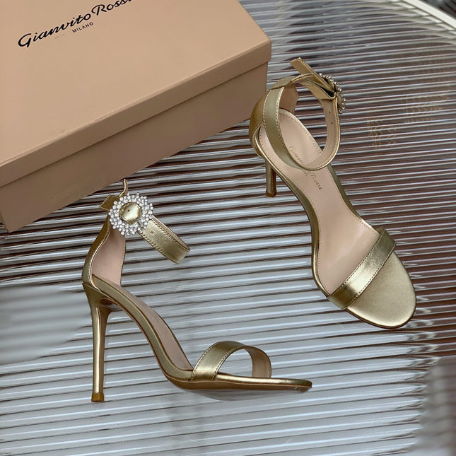 GIANVITO ROSSI 26S HIGH HEEL SANDALS 105 MM IN METALLIC GOLD LAMBSKIN WITH CRYSTAL BUCKLE