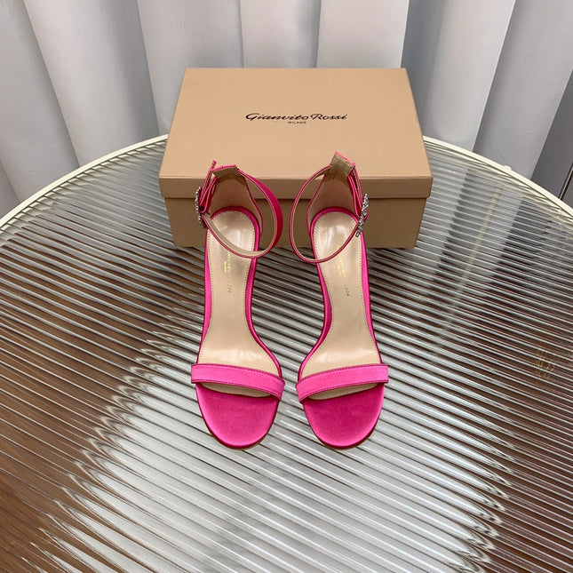 GIANVITO ROSSI 26S HIGH HEEL SANDALS 105 MM IN DARK PINK FABRIC WITH CRYSTAL BUCKLE