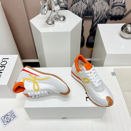FLOW RUNNER SNEAKER IN PALE GRAY MIX VIVID ORANGE SUEDE AND SHEEPSKIN