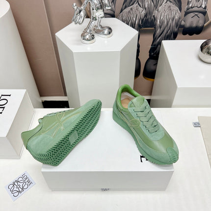 FLOW RUNNER SNEAKER IN BASIL GREEN SUEDE AND SHEEPSKIN