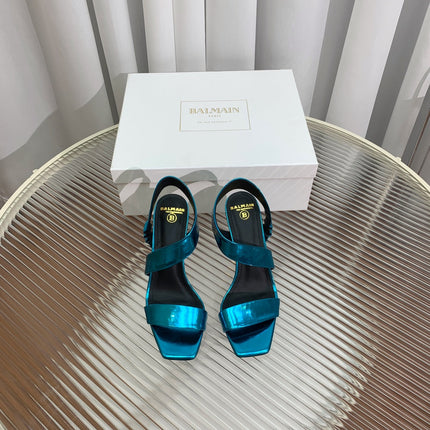 BALMAIN 25S HIGH HEEL SANDALS 95MM IN PETROL BLUE GLOSSY CALFSKIN