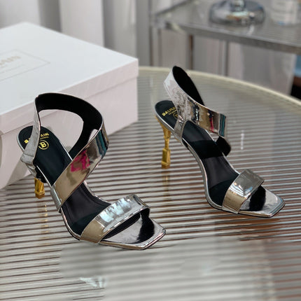 BALMAIN 25S HIGH HEEL SANDALS 95MM IN SILVER GLOSSY CALFSKIN