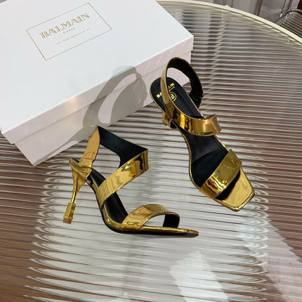 BALMAIN 25S HIGH HEEL SANDALS 95MM IN GOLD GLOSSY CALFSKIN