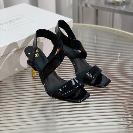 BALMAIN 25S HIGH HEEL SANDALS 95MM IN BLACK GLOSSY CALFSKIN