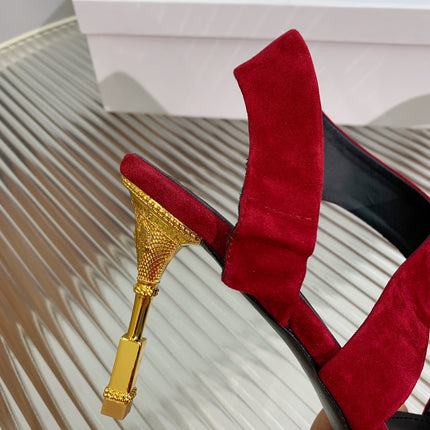 BALMAIN 25S HIGH HEEL SANDALS 95MM IN DARK CRIMSON SUEDE
