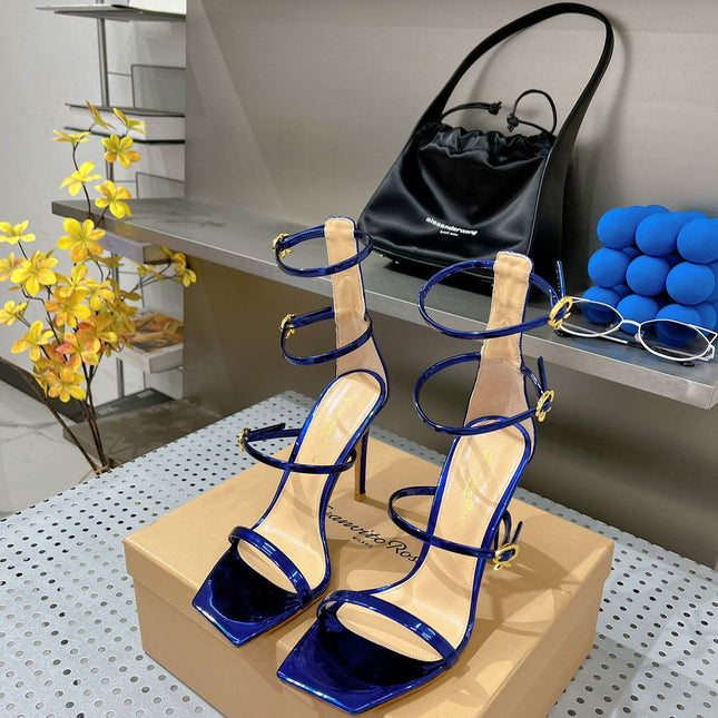 GIANVITO ROSSI 26S SQUARE-TOE HIGH-HEEL SANDALS 105 MM IN NAVY BLUE PATENT CALFSKIN