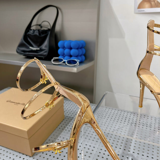GIANVITO ROSSI 26S SQUARE-TOE HIGH-HEEL SANDALS 105 MM IN GOLD PATENT CALFSKIN