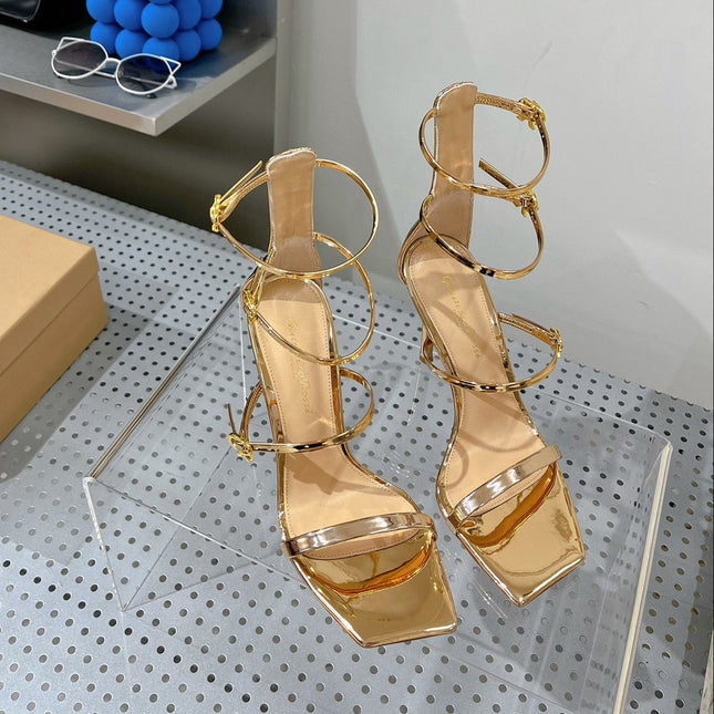 GIANVITO ROSSI 26S SQUARE-TOE HIGH-HEEL SANDALS 105 MM IN GOLD PATENT CALFSKIN