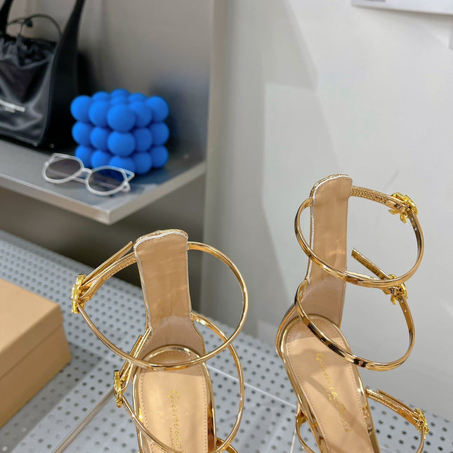 GIANVITO ROSSI 26S SQUARE-TOE HIGH-HEEL SANDALS 105 MM IN GOLD PATENT CALFSKIN