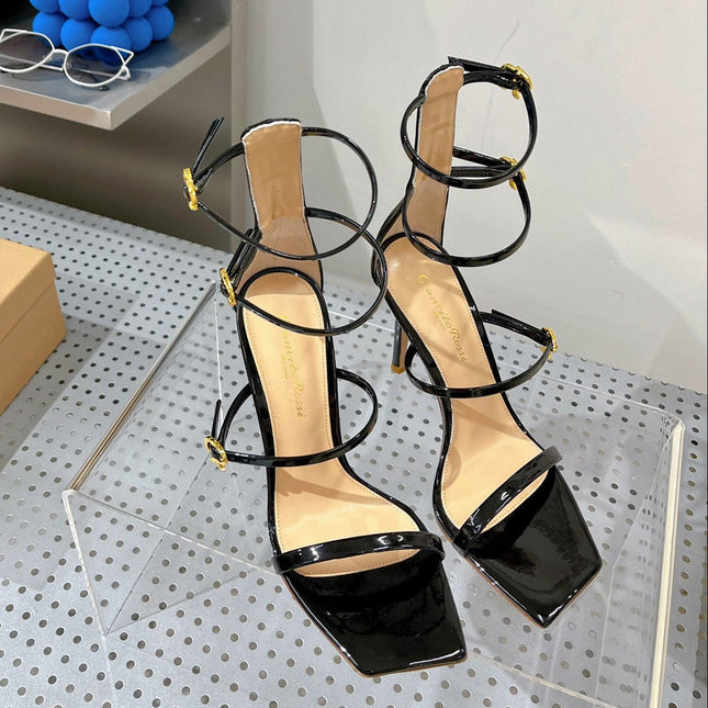GIANVITO ROSSI 26S SQUARE-TOE HIGH-HEEL SANDALS 105 MM IN BLACK PATENT CALFSKIN