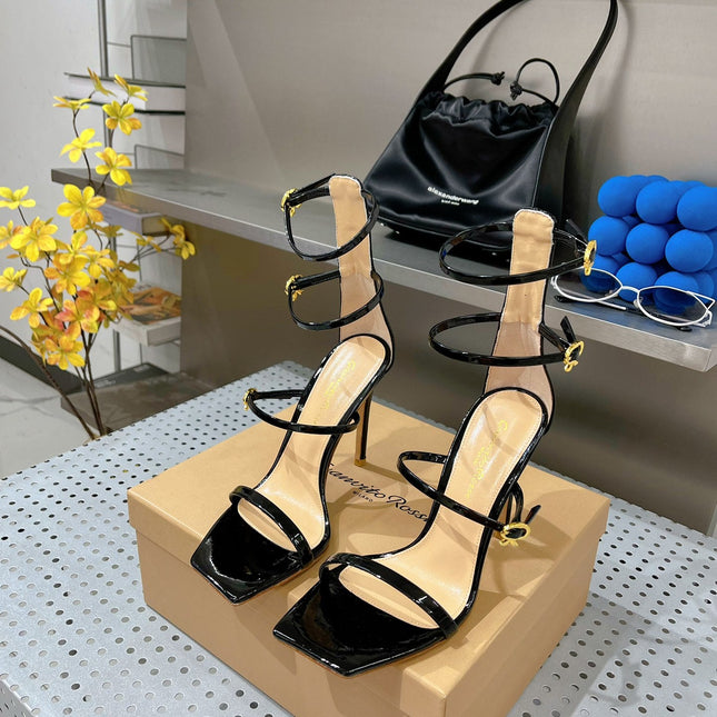 GIANVITO ROSSI 26S SQUARE-TOE HIGH-HEEL SANDALS 105 MM IN BLACK PATENT CALFSKIN