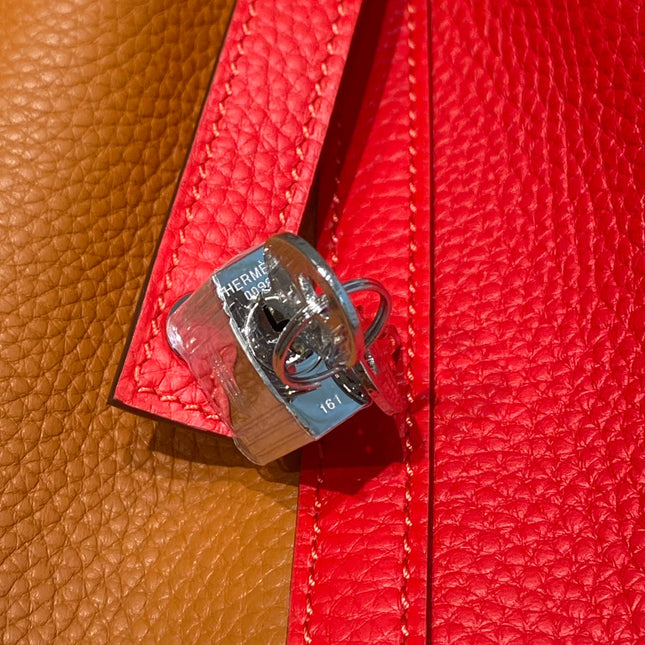 HERMES 25S PICOTIN LOCK 18 IN GOLDEN BROWN AND RED CALFSKIN SILVER HARDWARE