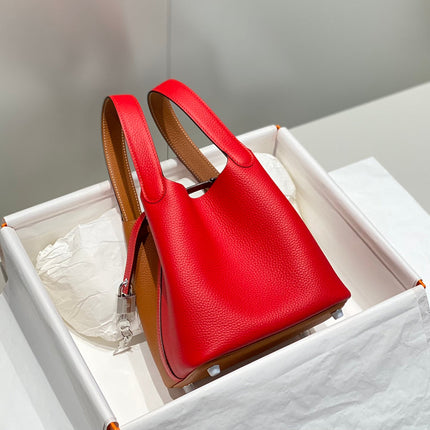 HERMES 25S PICOTIN LOCK 18 IN GOLDEN BROWN AND RED CALFSKIN SILVER HARDWARE