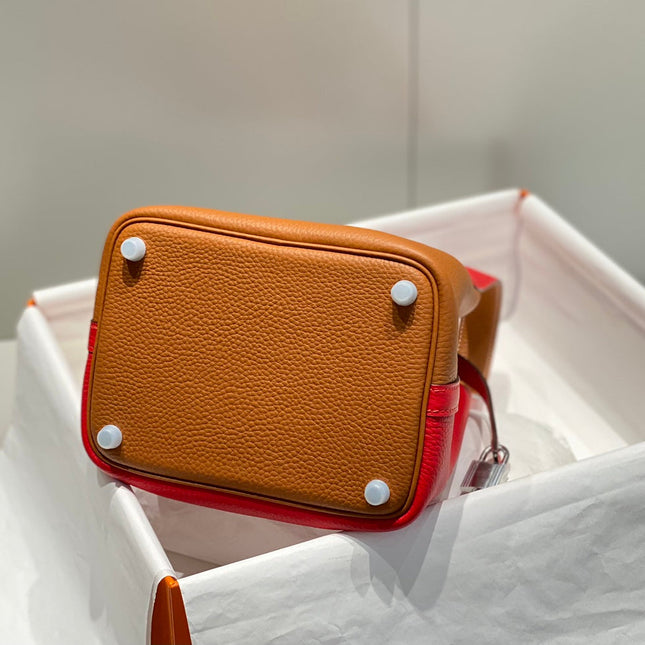 HERMES 25S PICOTIN LOCK 18 IN GOLDEN BROWN AND RED CALFSKIN SILVER HARDWARE