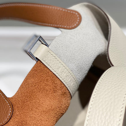 HERMES 25S PICOTIN LOCK 18 IN WHITE AND BROWN CALFSKIN SILVER HARDWARE