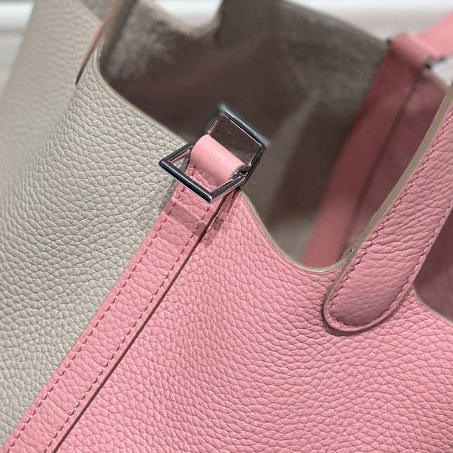 HERMES 25S PICOTIN LOCK 18 IN PINK AND LIGHT GRAY CALFSKIN SILVER HARDWARE