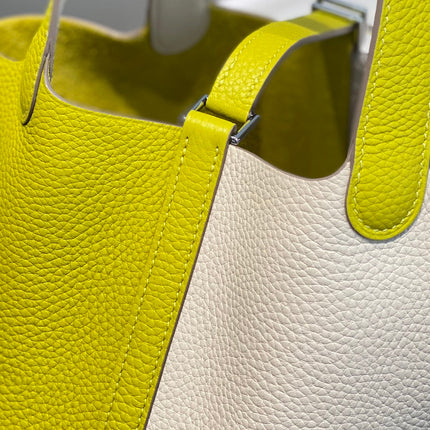 HERMES 25S PICOTIN LOCK 18 IN WHITE AND LEMON YELLOW CALFSKIN SILVER HARDWARE