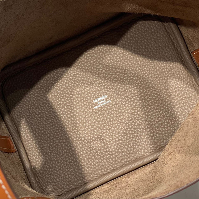 HERMES 25S PICOTIN LOCK 18 IN BURNT ORANGE AND BROWN CALFSKIN SILVER HARDWARE