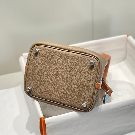 HERMES 25S PICOTIN LOCK 18 IN BURNT ORANGE AND BROWN CALFSKIN SILVER HARDWARE