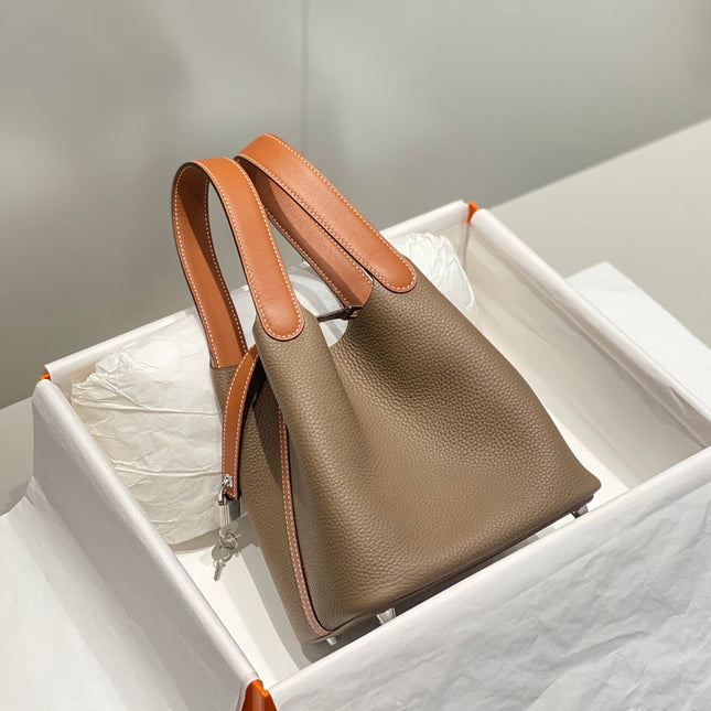 HERMES 25S PICOTIN LOCK 18 IN BURNT ORANGE AND BROWN CALFSKIN SILVER HARDWARE