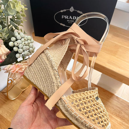 PRADA 26S ESPADRILLE HIGH HEEL SANDALS IN BEIGE RAFFIA