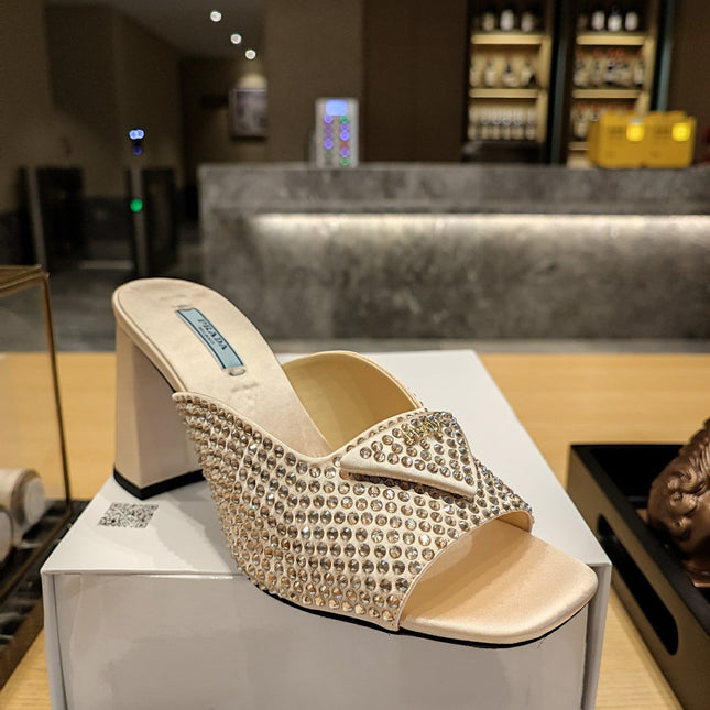 PRADA 26S OPEN TOE CRYSTAL EMBELLISHED MULES 100MM IN BEIGE SATIN