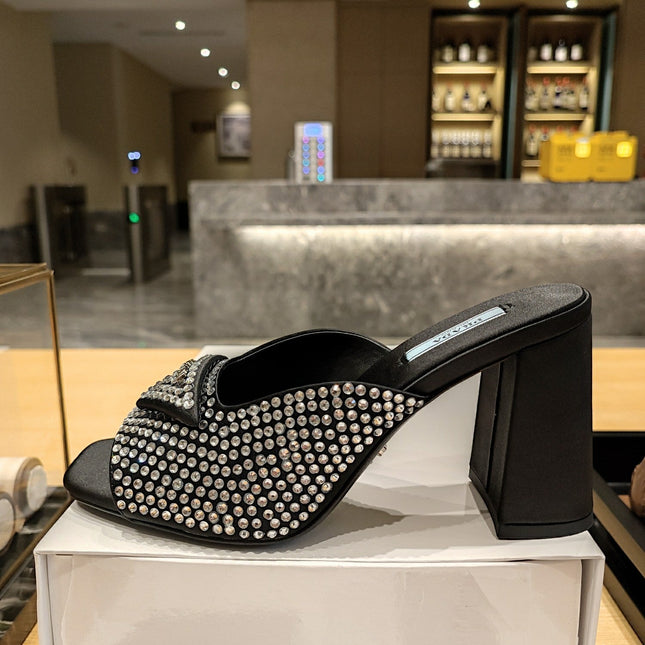 PRADA 26S OPEN TOE CRYSTAL EMBELLISHED MULES 100MM IN BLACK SATIN