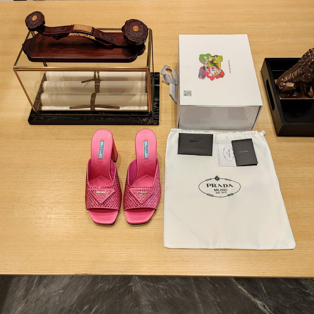 PRADA 26S OPEN TOE CRYSTAL EMBELLISHED MULES 100MM IN FUCHSIA PINK SATIN