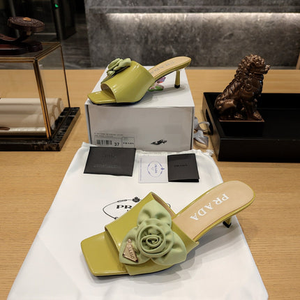 PRADA 26S OPEN TOE MULES 45MM IN LIME YELLOW PATENT CALFSKIN WITH ROSETTE