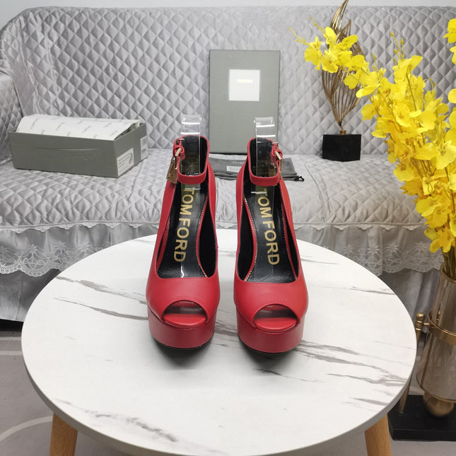 PADLOCK PLATFORM PEEP TOE PUMP 14 CM IN RUBY RED CALFSKIN