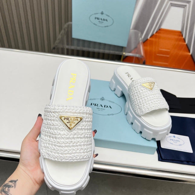 PRA THICK-SOLED CROCHET SANDALS WHITE WOVEN FABRIC