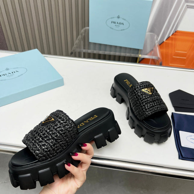 PRA THICK-SOLED CROCHET SANDALS BLACK WOVEN FABRIC