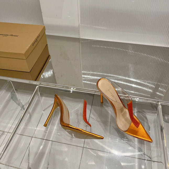 GIANVITO ROSSI 26S HEELED SANDALS 105 MM IN ORANGE METALLIC TPU