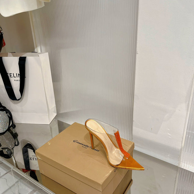 GIANVITO ROSSI 26S HEELED SANDALS 105 MM IN ORANGE METALLIC TPU