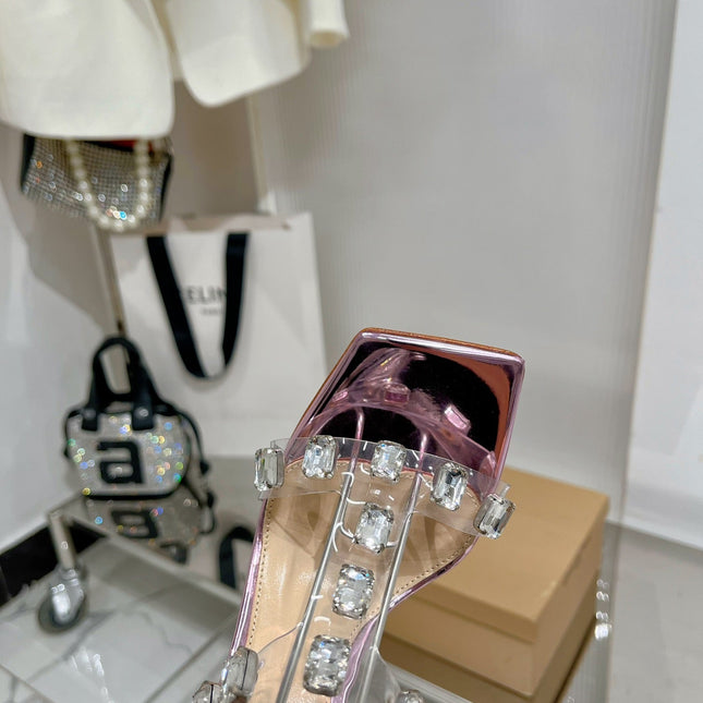 GIANVITO ROSSI 26S HEELED SANDALS 105 MM IN METALLIC PINK PATENT LEATHER CRYSTALS