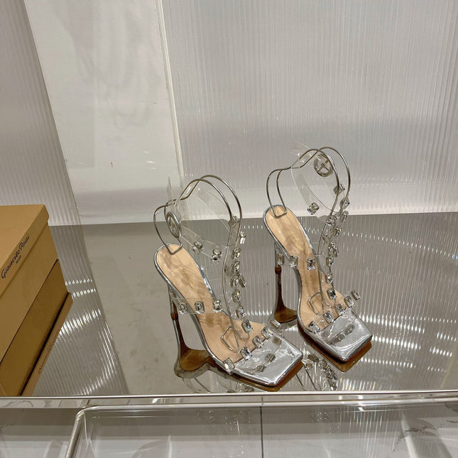 GIANVITO ROSSI 26S HEELED SANDALS 105 MM IN SILVER PATENT LEATHER CRYSTALS STYLE 2