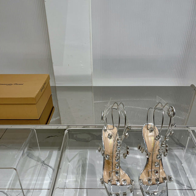 GIANVITO ROSSI 26S HEELED SANDALS 105 MM IN SILVER PATENT LEATHER CRYSTALS STYLE 2