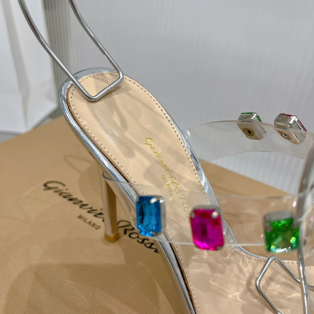 GIANVITO ROSSI 26S HEELED SANDALS 105 MM IN SILVER PATENT LEATHER CRYSTALS