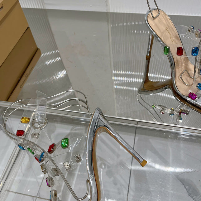 GIANVITO ROSSI 26S HEELED SANDALS 105 MM IN SILVER PATENT LEATHER CRYSTALS