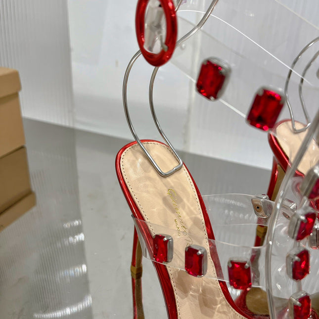 GIANVITO ROSSI 26S HEELED SANDALS 105 MM IN RUBY RED PATENT LEATHER CRYSTALS