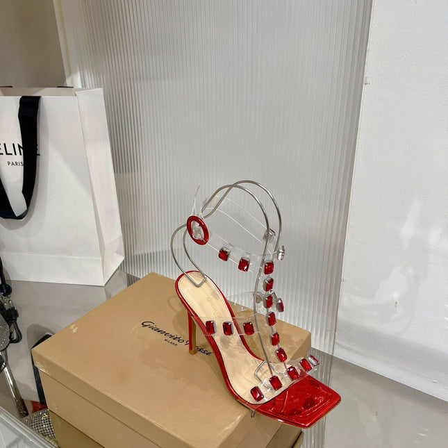 GIANVITO ROSSI 26S HEELED SANDALS 105 MM IN RUBY RED PATENT LEATHER CRYSTALS