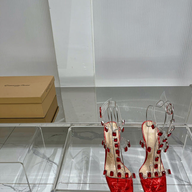 GIANVITO ROSSI 26S HEELED SANDALS 105 MM IN RUBY RED PATENT LEATHER CRYSTALS