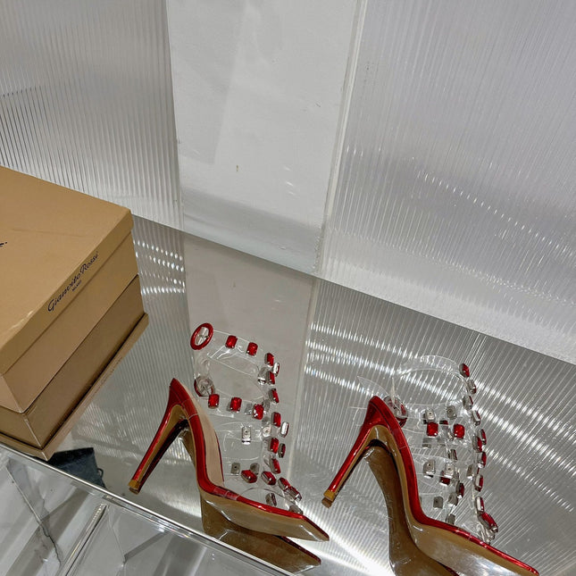 GIANVITO ROSSI 26S HEELED SANDALS 105 MM IN RUBY RED PATENT LEATHER CRYSTALS