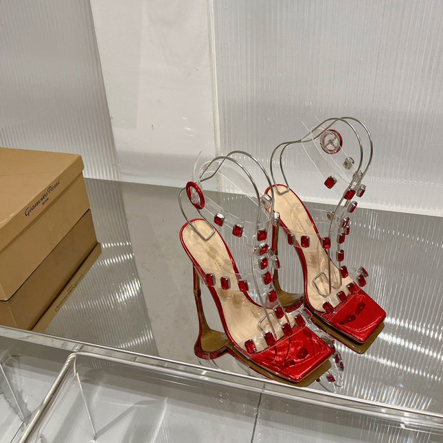 GIANVITO ROSSI 26S HEELED SANDALS 105 MM IN RUBY RED PATENT LEATHER CRYSTALS
