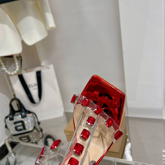 GIANVITO ROSSI 26S HEELED SANDALS 105 MM IN RUBY RED PATENT LEATHER CRYSTALS