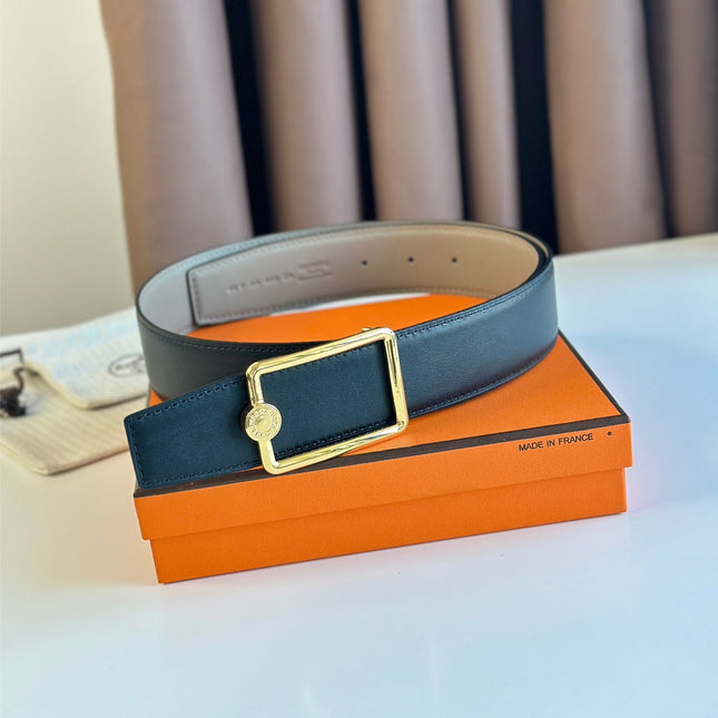 TUBE H BELT BUCKLE & REVERSIBLE KHAKI BROWN AND BLACK LEATHER STRAP 38MM GOLD HARDWARE