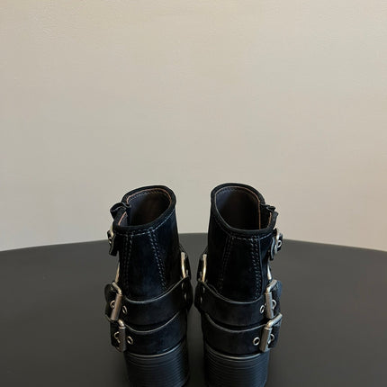 MIUMIU 26S ANKLE BOOTS IN BLACK SUEDE SILVER HARDWARE