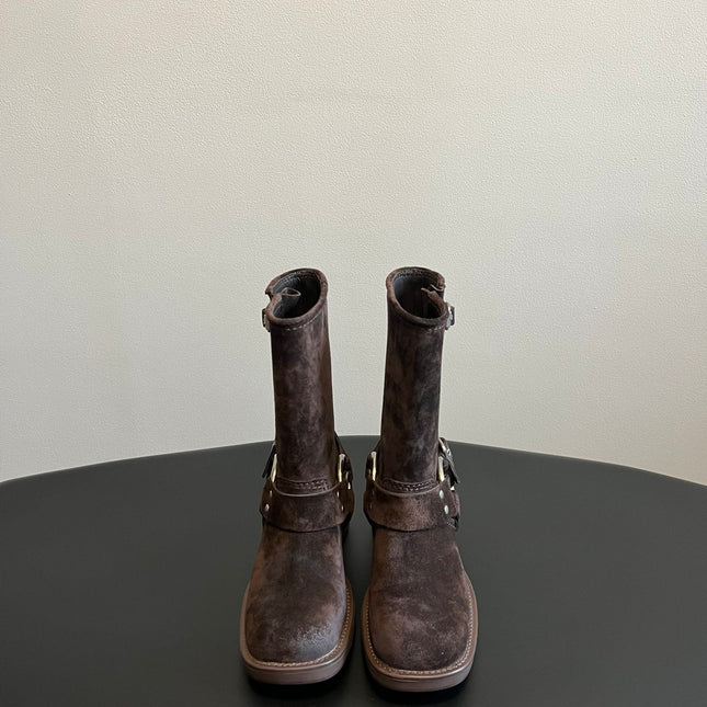MIUMIU 26S MID-CALF BOOTS IN DARK BROWN SUEDE SILVER HARDWARE