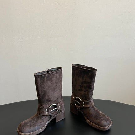 MIUMIU 26S MID-CALF BOOTS IN DARK BROWN SUEDE SILVER HARDWARE