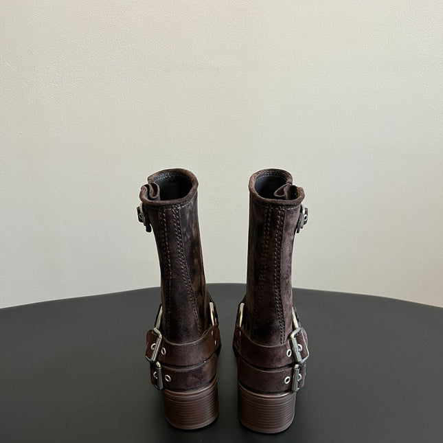 MIUMIU 26S MID-CALF BOOTS IN DARK BROWN SUEDE SILVER HARDWARE